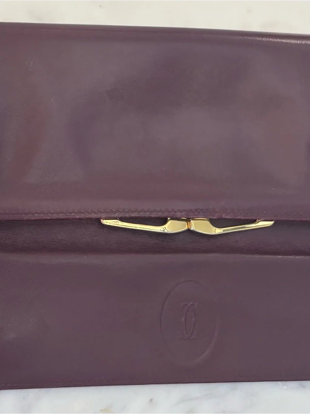 Vintage Cartier Burgundy Leather Long Wallet Kiss Lock Coin Purse Gold Tone